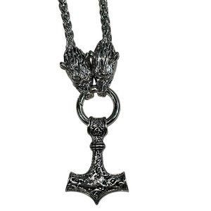 Men's Viking Stainless Steel Wolf &Thor Hammer Pendant Necklace 15" Silver Tone